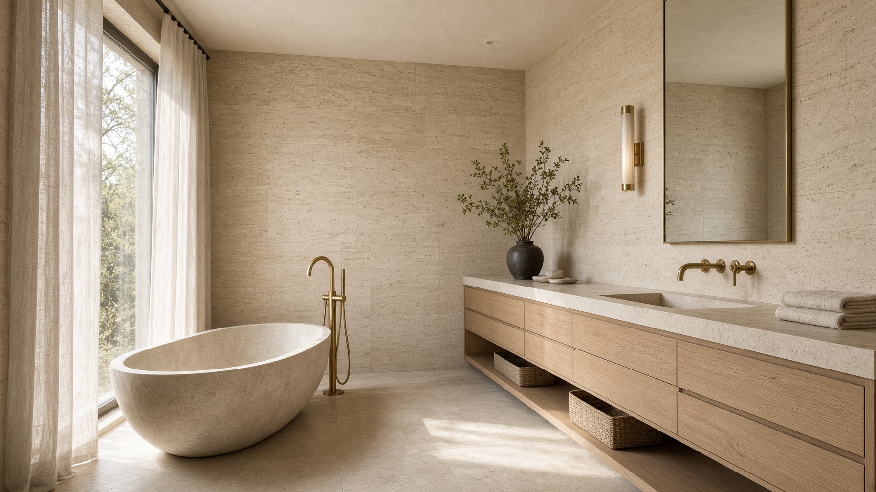 Limestone primary bath with a freestanding tub in morning light