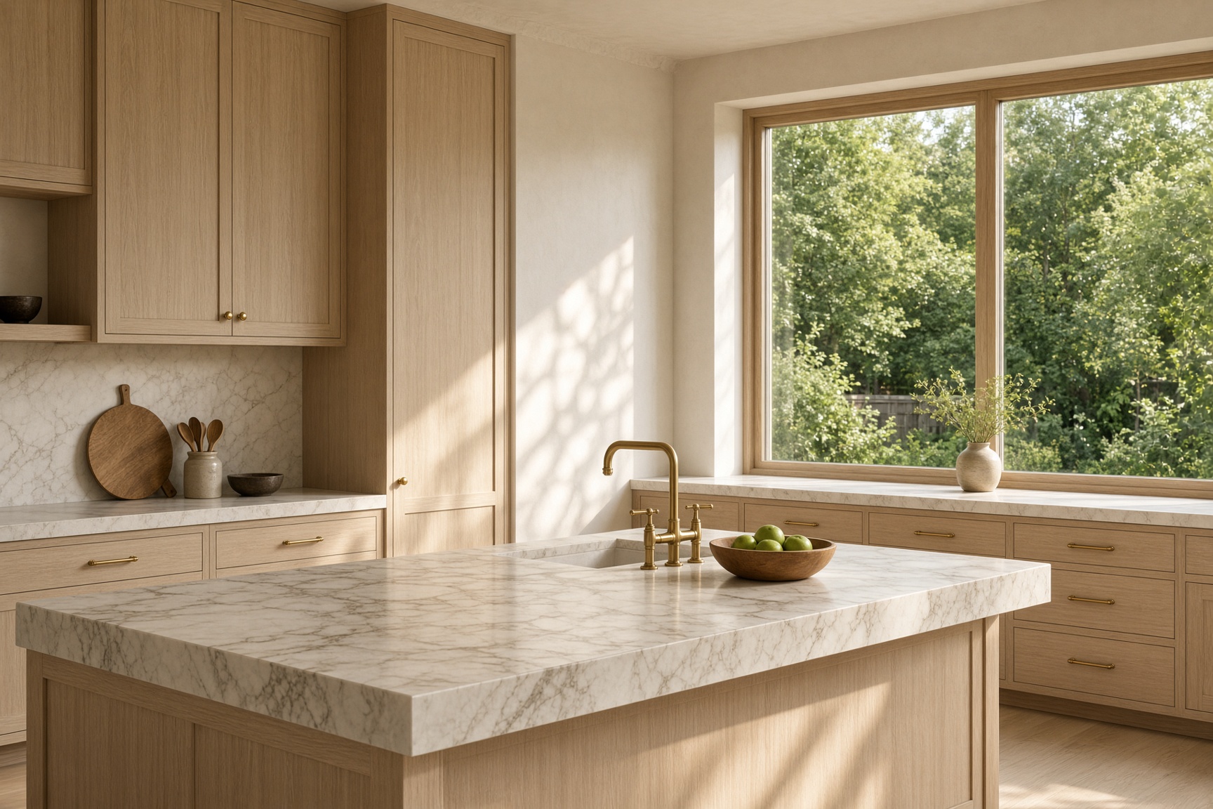 White oak kitchen with a honed marble island and brass faucet, looking out to a green yard